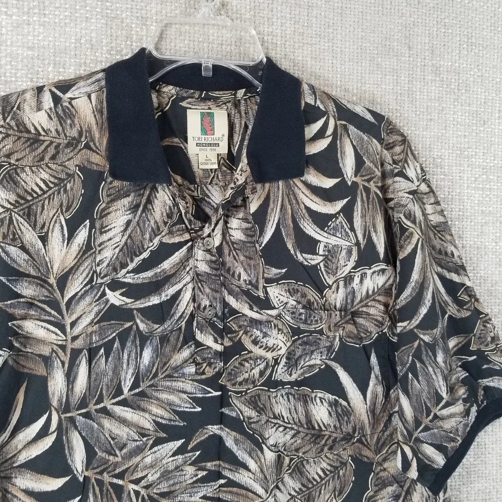 Tori Richard Honolulu Polo Shirt Men's Large 100% Cotton Lawn Brown Leaf VTG